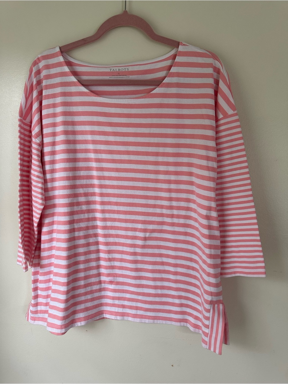Talbots Pink Striped Nautical Preppy T-Shirt Top 3/4 Sleeve Split Hem XL